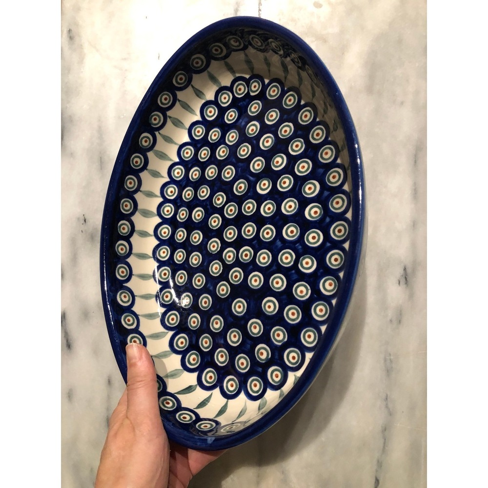 Authentic Polish Pottery - Peacock - Stamped Boleslawiec - Oval Casserole Dish